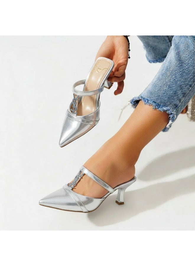Shoes Mid Heels Leather Glossy F-602 - Silver